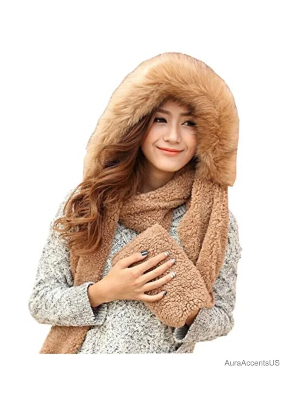 Winter Warm Women Hoodie Hat Scarf Gloves Set Soft Plush Thick